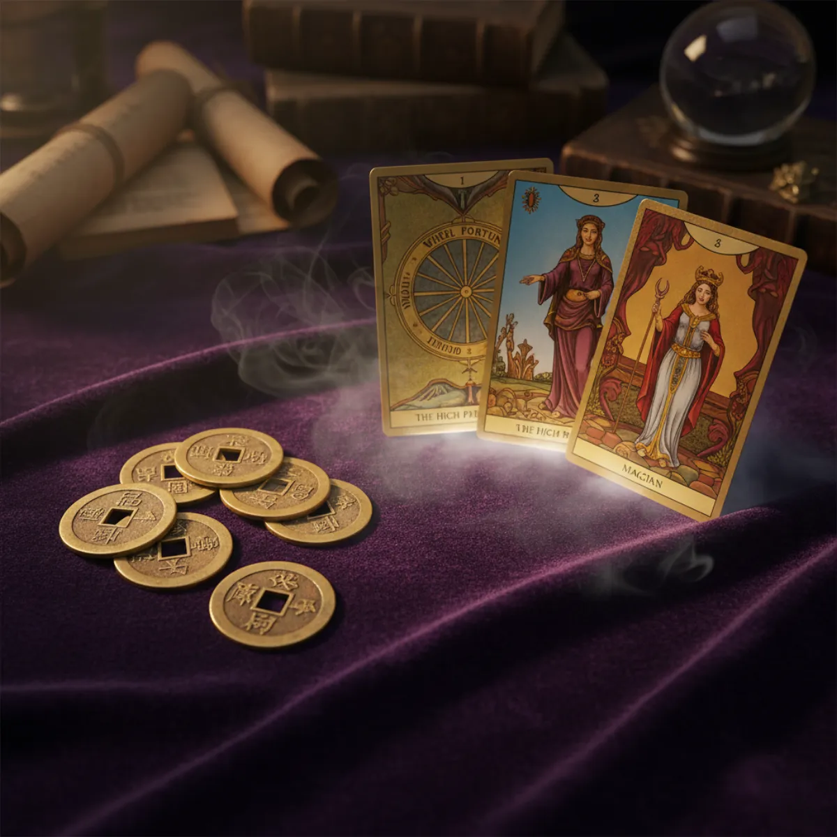 I Ching coins and Tarot cards side by side
